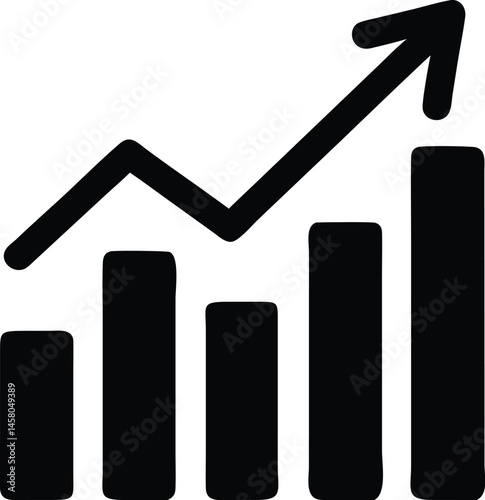 Black and white Vector icon - illustration of a bar graph with an arrow pointing upwards indicating growth and success
