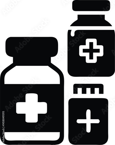 Pharmaceutical business icon – medicine bottles with medical symbols representing healthcare industry, drug manufacturing, and pharmacy business operations.