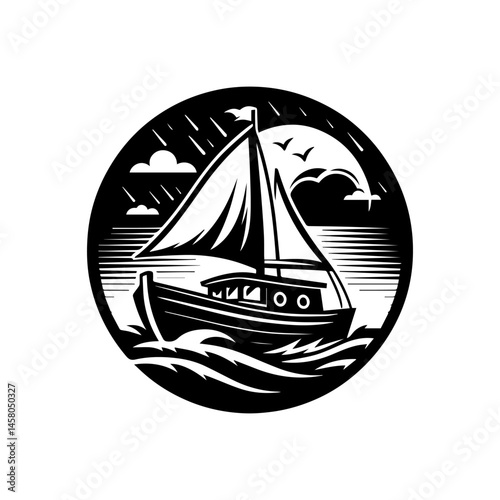 Monochromatic vector drawing of an old steamboat traveling down a serene river in vintage style