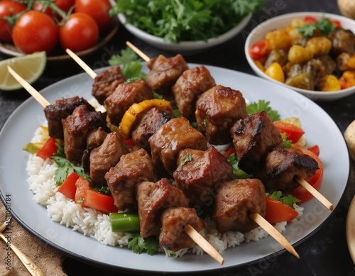 Tasty meat skewers served on rice with fresh vegetables and side dishes on a dark table