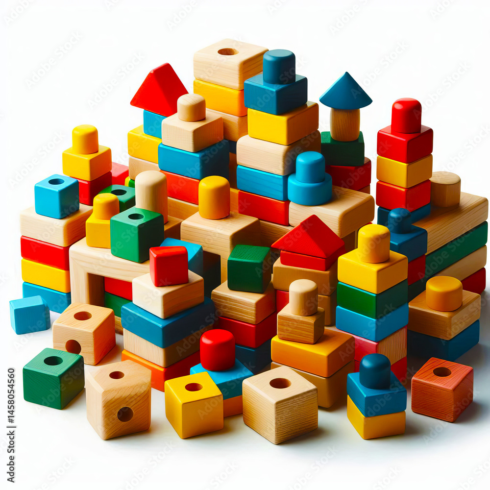 Obraz premium Wooden Building Blocks Set Isolated - Primary Colors Childhood Toy Objects