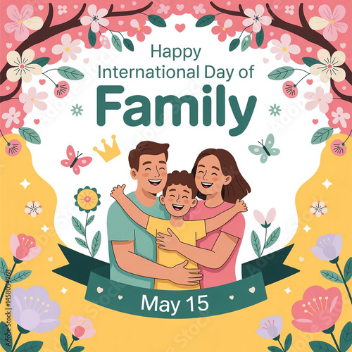 Joyous Family Day: A warm, colorful illustration of a family celebrating the International Day of Families, embracing under a vibrant floral arch, evoking feelings of love, unity, and belonging.