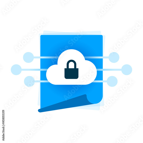 Secure cloud document illustration. Flat design of digital file with cloud and padlock. encrypted online storage, cloud data protection, privacy, and cyber security