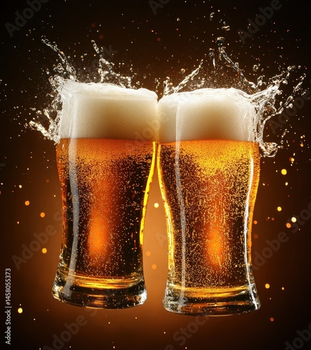Two frothy glasses of beer clinking together with splashes against a dark background.