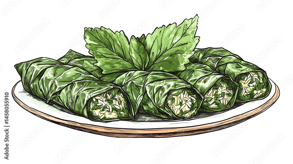 Obraz premium Hand-drawn illustration of several dolmas on a plate.