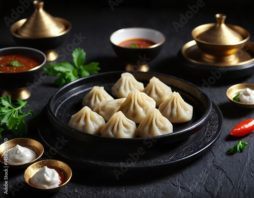 Steamed dumplings served on a black plate with sauces and decorative bowls on a dark background