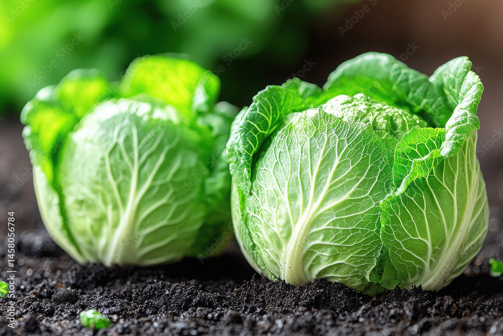 Fototapeta premium Fresh green cabbages growing in rich soil, surrounded by natural outdoor light and vibrant leaves.