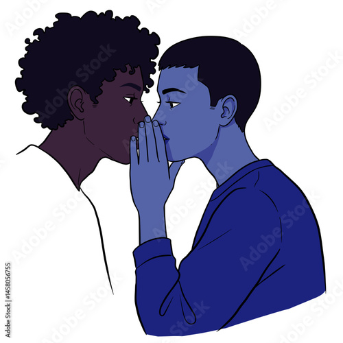 Two young men whispering softly, sharing an intimate moment  