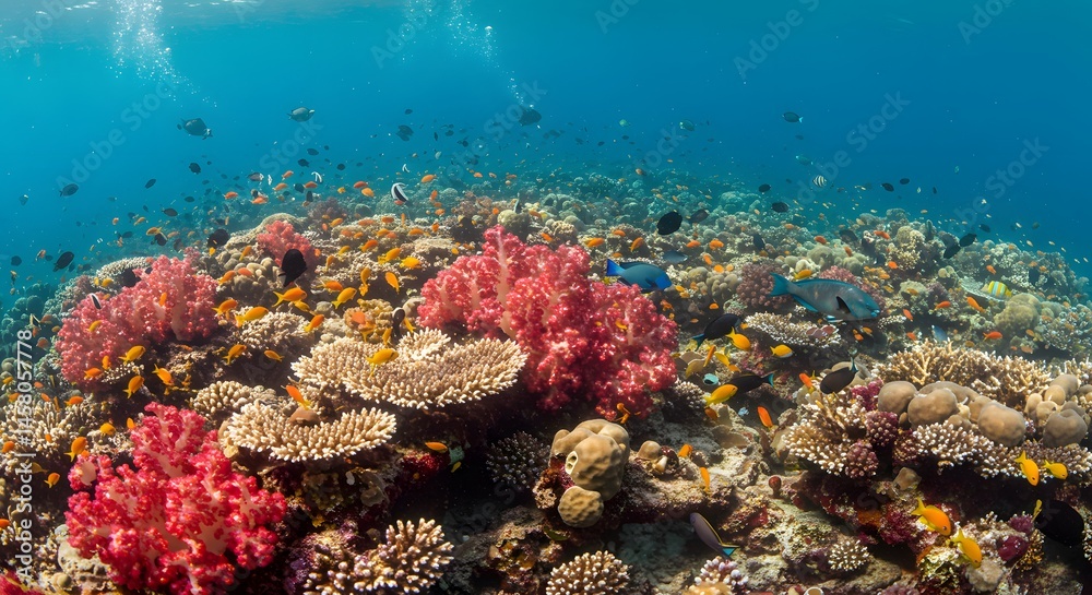 Fototapeta premium Underwater coral reef teeming with colorful marine life (horizontal). 