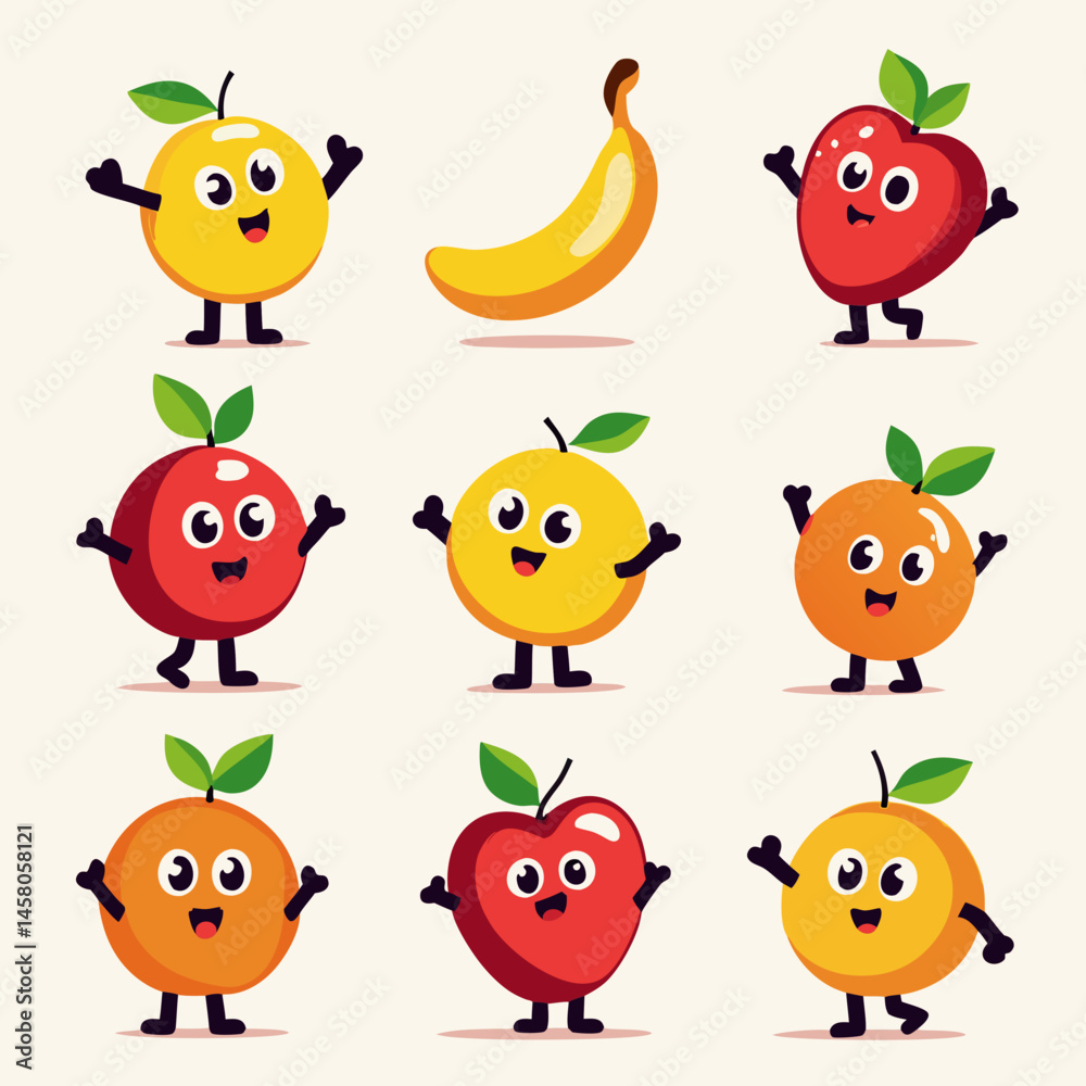 Happy Fruit Characters – Kawaii Apple, Banana, and Berry Cartoon Collection
