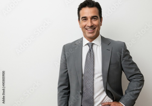 A smiling man in a grey suit and tie posing against a plain white background in a studio setting