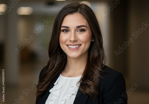 Portrait of a smiling woman with long brown hair wearing a black blazer and a white ruffled shirt