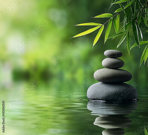 Serene zen garden: Stones, water ripples and tranquil bamboo ambiance scene