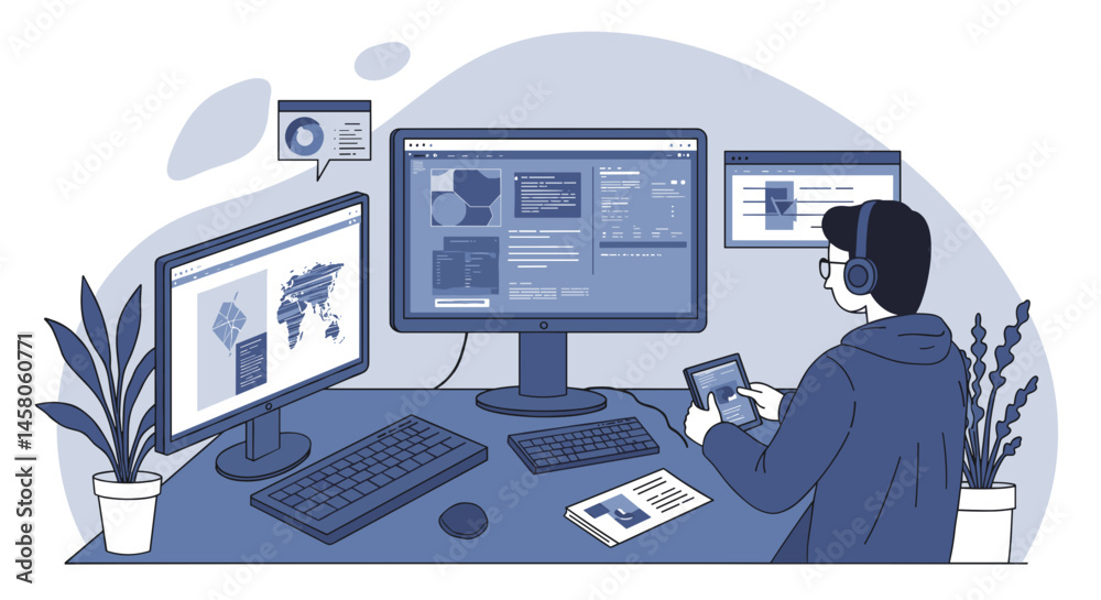 Naklejka premium Hacker Analyzing Data on Multiple Screens in a Modern Workspace 