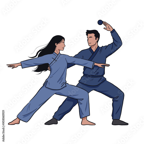 Tai Chi practitioners demonstrating harmony against a plain background  