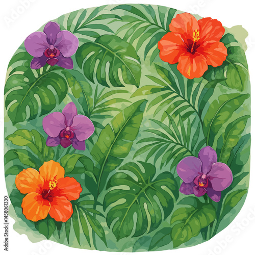 Vibrant tropical flowers and leaves in organic style against green background  
