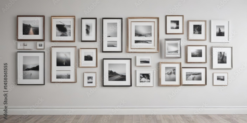 Fototapeta premium Stylish frame collection on white wall; mockup of modern gallery wall display, blank frames, photography, shapes