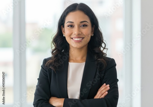 Portrait of a smiling woman with arms crossed wearing a blazer in front of a window with natural light
