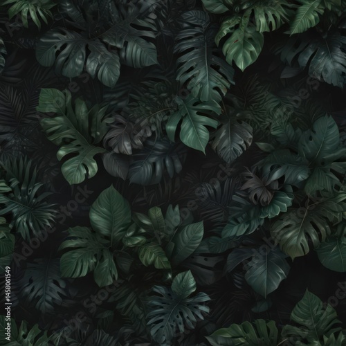 Wallpaper Mural Dark, lush exotic leaves, black & green hues  Mysterious, trendy botanical print , leaves, dark Torontodigital.ca