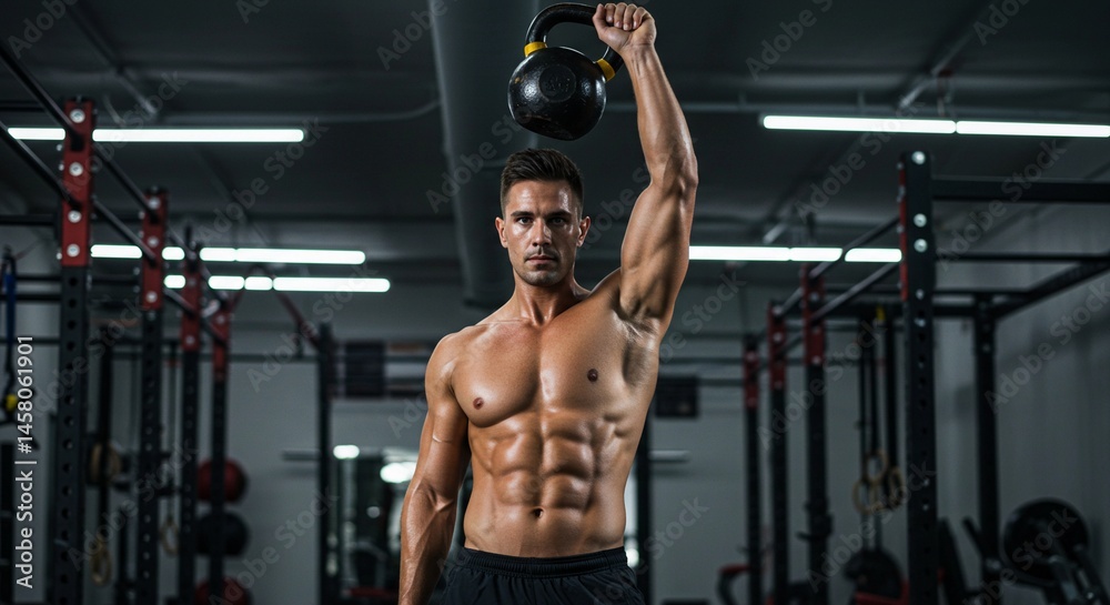 Fototapeta premium Muscular man lifting kettlebell overhead in gym with visible abs and defined arm muscles during workout