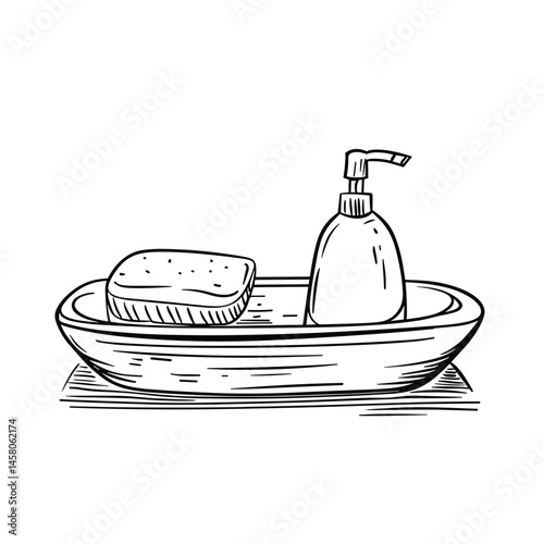 Soap Dish with Soap and Liquid Soap Dispenser in Sketch Style  