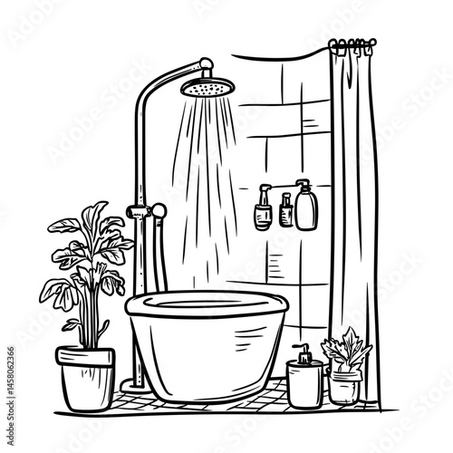 Simple bathroom shower scene with plants and accessories  