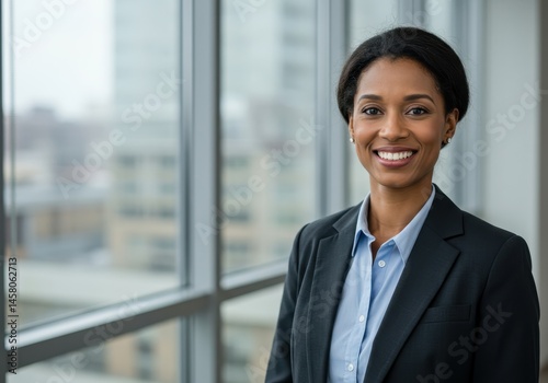 Portrait of a smiling african american businesswoman in a suit standing by a large window in an office Free Download Portrait of a smiling african american businesswoman in a suit standing by a large window in an office - GFXLoad
