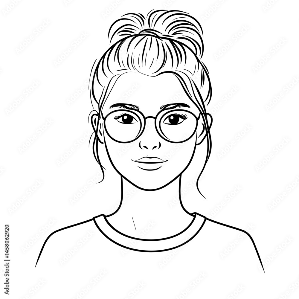 Line Drawing of a Young Woman with Glasses in a Casual Look Line Drawing of a Young Woman with Glasses in a Casual Look
