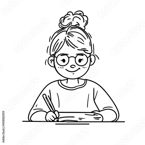 Young girl studying and writing at a desk in a cozy setting  