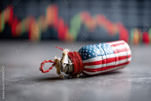 Trade war concept with American flag bomb labeled tariffs and lit fuse in front of financial charts symbolizing economic conflict and market volatility