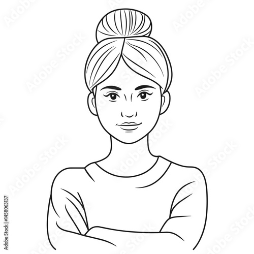 Young woman smiling with arms crossed in minimalist style  