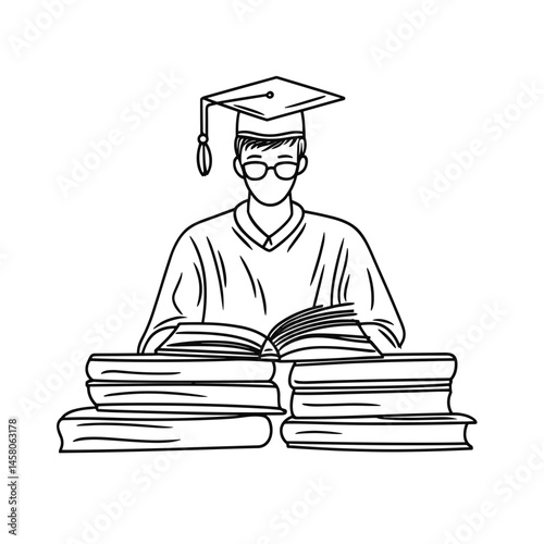 Graduate student studying with books in a minimalist style  