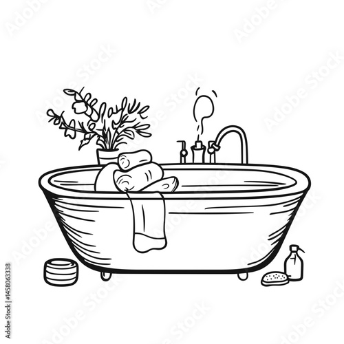 Relaxing bathtub with towels and plants in minimalist style  