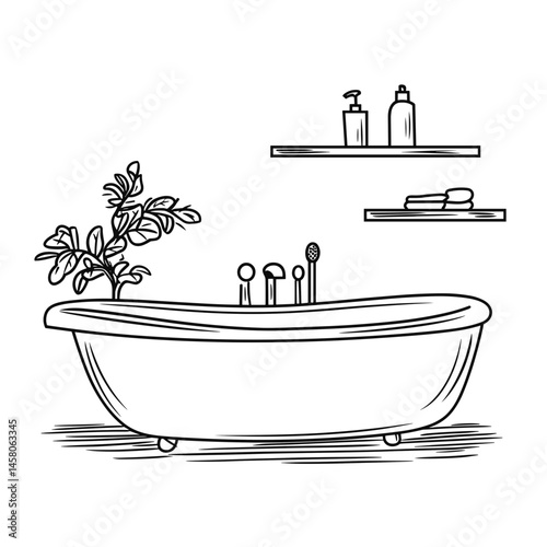 Bathtub with Shelves and Plants in Minimalist Style  