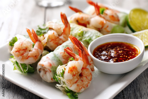 Plate of shrimp spring rolls served with dipping sauce capturing freshness and Asian cuisine presentation