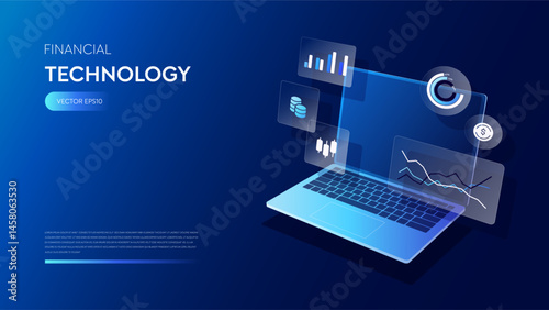 Virtual Financial Analyzing Interface and Futuristic Laptop representing Business Investment Money Management, Stock Exchange, Crypto, Digital Accounting Banking. Neon Glow Tech Vector illustrations