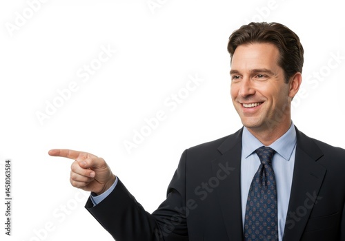 A smiling businessman in a suit pointing to the left against a white background in a studio shot