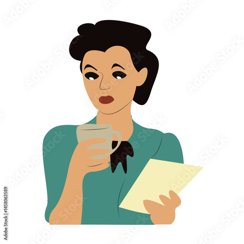 Woman Reading Document Drinking Coffee