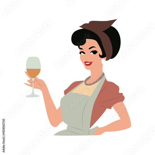 Retro Housewife Holding Wine Glass