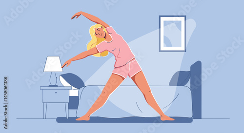 Woman stretching before bed in a cozy bedroom  