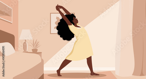 Woman stretching before bed in a cozy bedroom  
