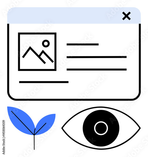 Browser window with an image and text, a blue leaf icon, and an eye graphic. Ideal for web design, creativity, ecology, monitoring, transparency, minimalism simple landing page
