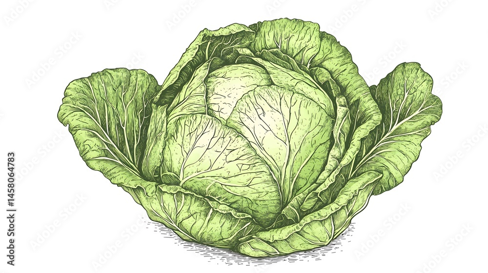Fototapeta premium Detailed illustration of a head of green cabbage.