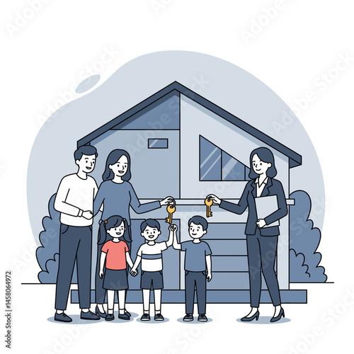 Family celebrating new home ownership with keys against a house  