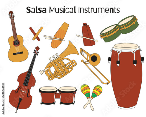 Salsa music instrument set illustration, featuring Latin percussion and melody tools for dance and rhythm themes.