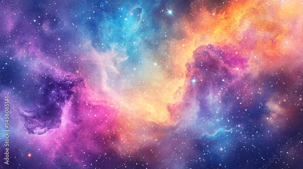 Fototapeta premium Colorful space galaxy cloud nebula starry cosmos astronomy, A breathtaking cosmic nebula painting showcasing a mesmerizing interplay with various color, Intergalactic Watercolor glowing in deep space.