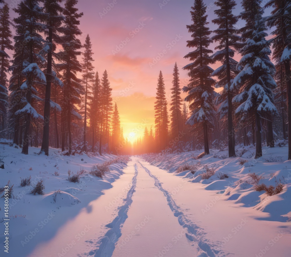 Naklejka premium Asphalt path cuts through snow-laden pines, leading to a colorful sunrise; galactic wonder above , sunrise, wonder, blue