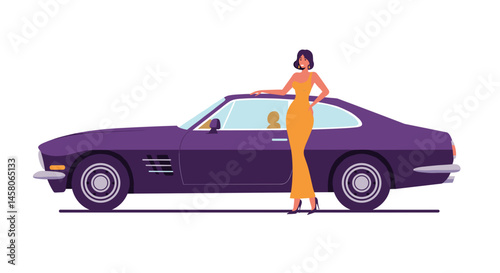 Luxurious lady posing confidently beside purple luxury car  