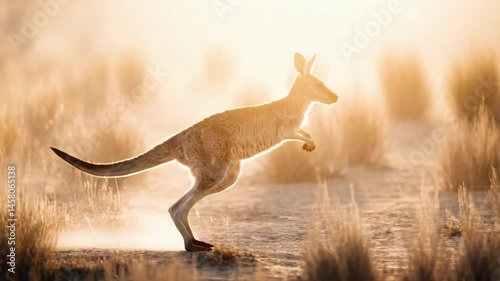 A kangaroo leaps gracefully through a sunlit, dusty landscape with golden grasses swaying in the breeze