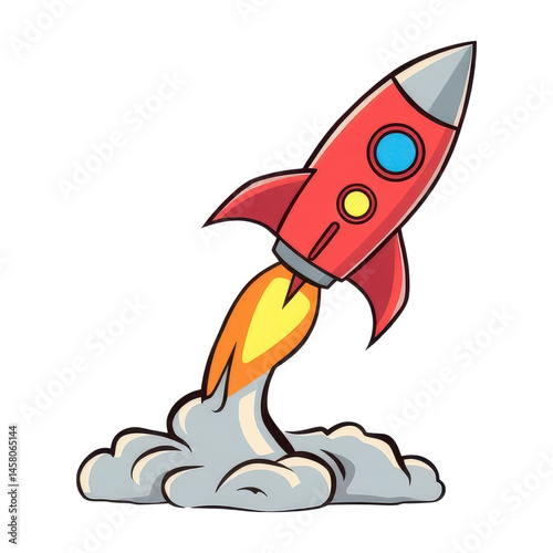 Vibrant Cartoon Rocket Launching into Space Exciting Outer Space Adventure Illustration AI Generated
